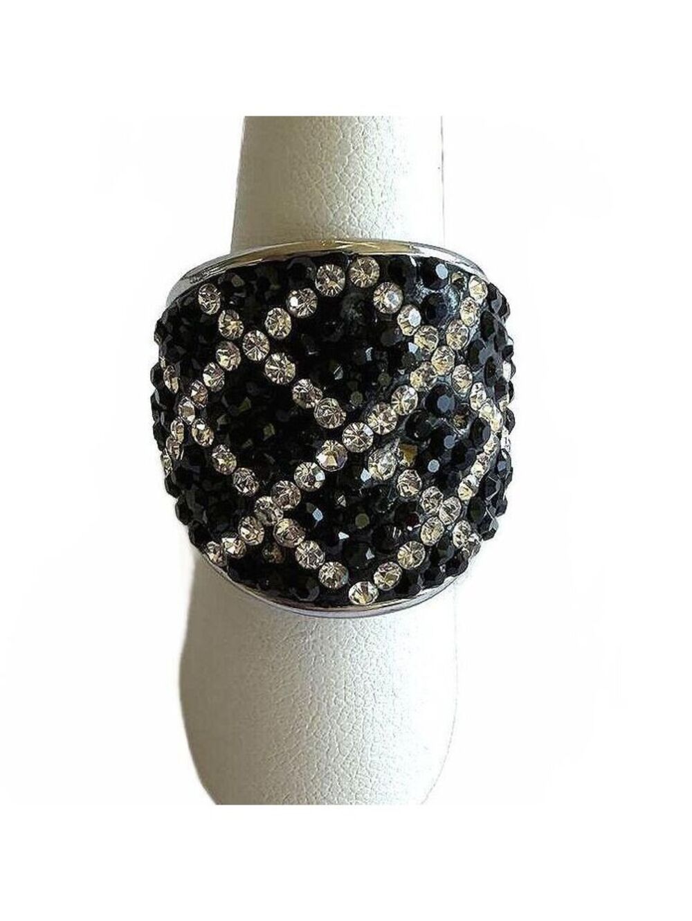 Black and Clear Rhinestone Cocktail Ring Size 8